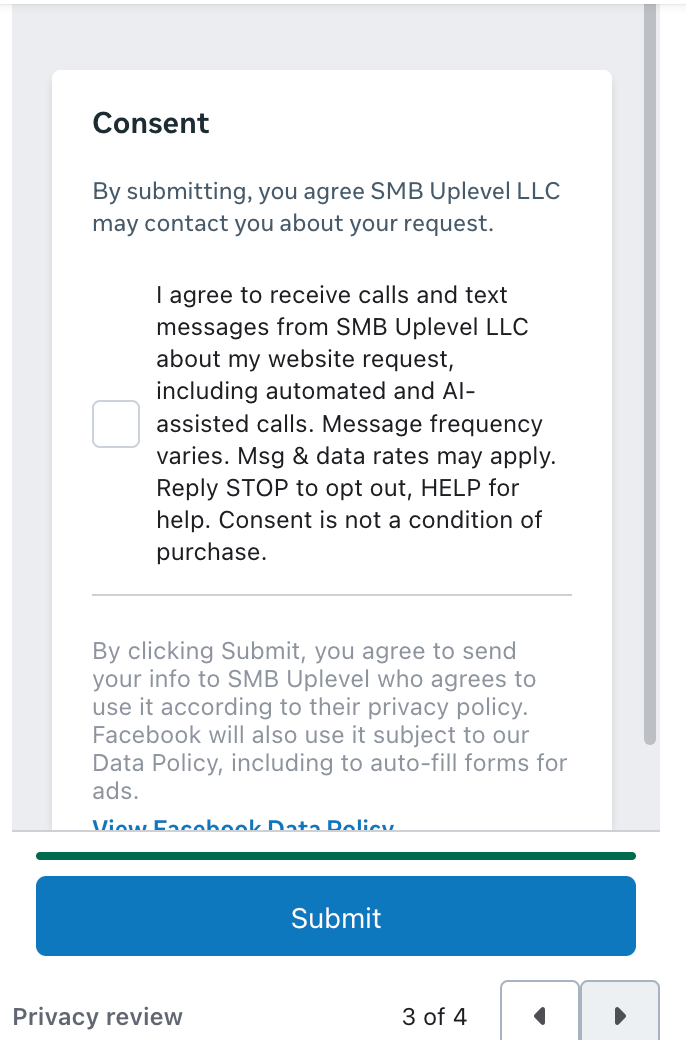 Screenshot of the consent screen of the SMB Uplevel Instant Form on Facebook: an unchecked required checkbox with the consent text, above the Submit button